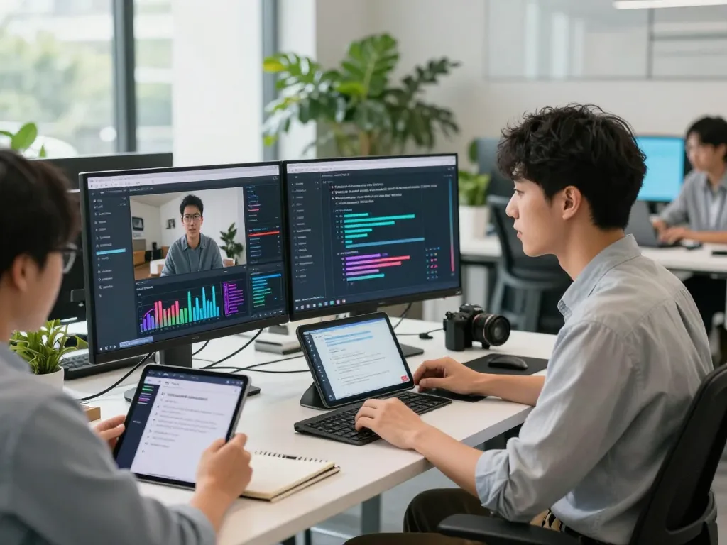 Data analyst engaged with video to prompt AI technology in a bright, modern workspace.
