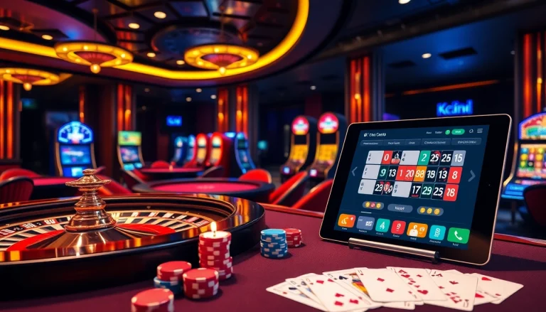 Xocdia88 online casino scene showcasing vibrant tables, roulette, and slot machines with an exciting atmosphere.