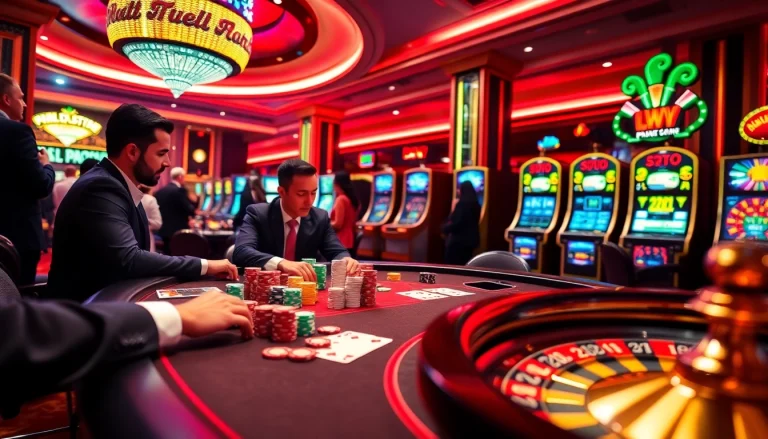 Sao789 players enjoying an exhilarating poker game at a luxurious casino table with vibrant casino elements.