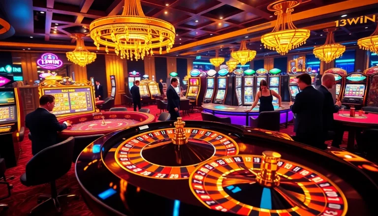 Exciting gameplay at 13win's online casino with vibrant slot machines and a roulette wheel.