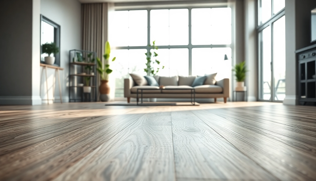Showcasing grey oak LVP flooring chicago in a modern living room with natural light.