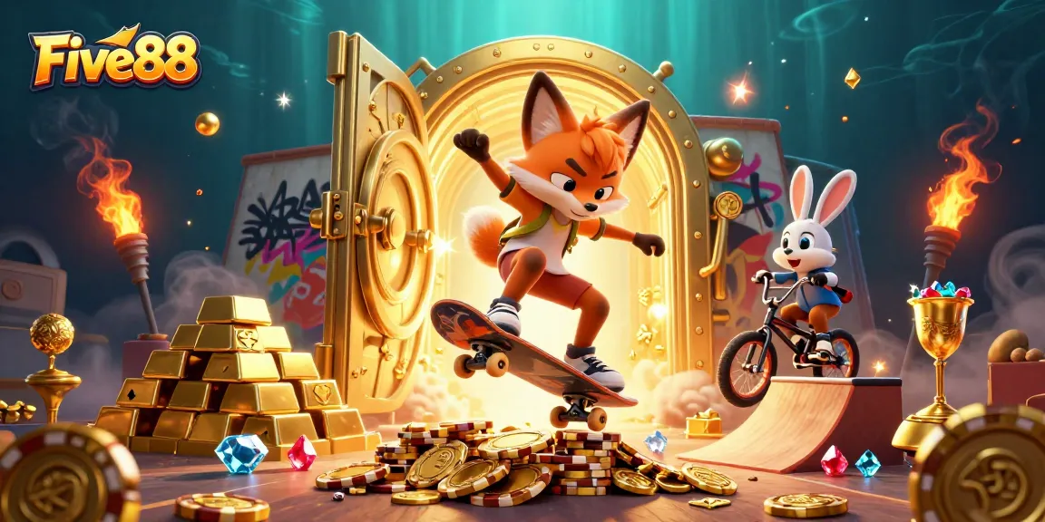 Engage in thrilling adventures at Five88 with vibrant casino-themed 3D imagery.