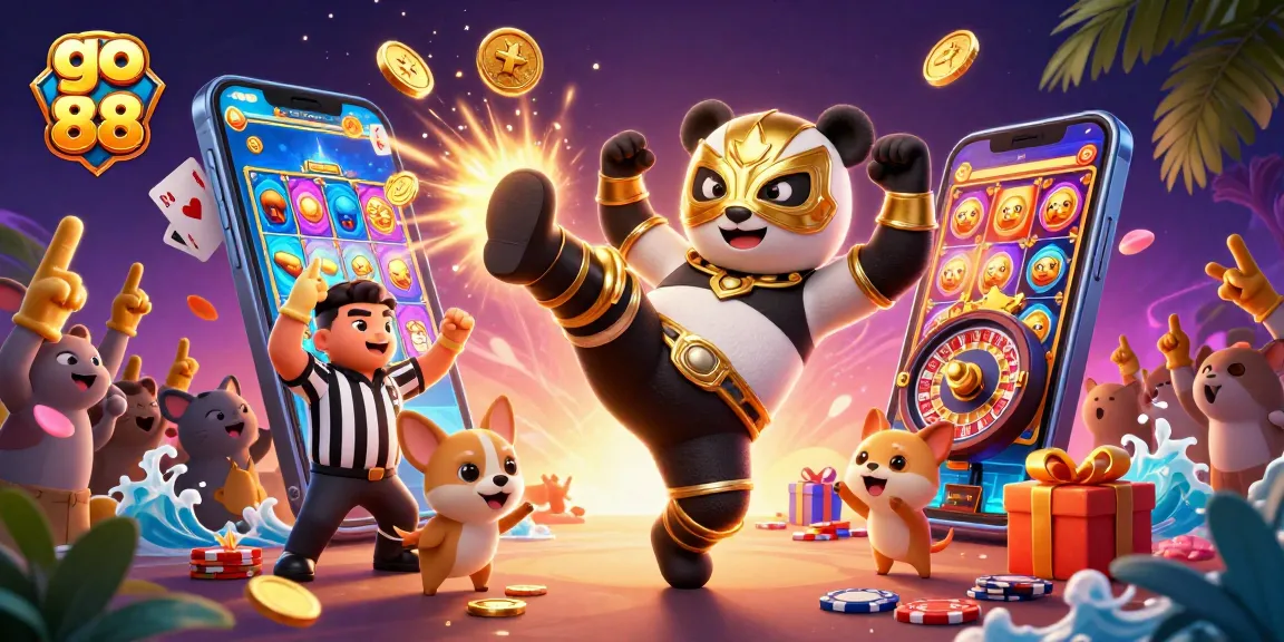 Experience excitement at go 88 with a dynamic scene featuring casino games and playful animal characters.