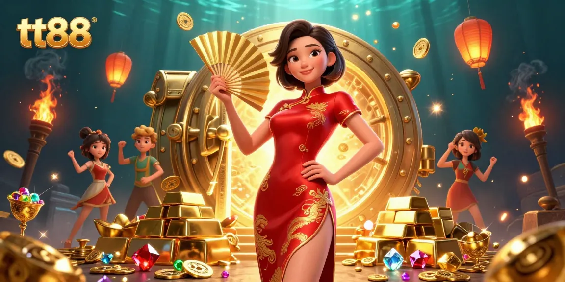 Experience exciting wins at tt88 with a dynamic casino scene featuring a confident woman and gold treasures.