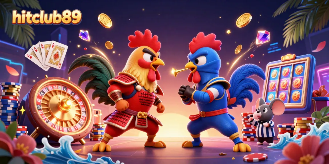 Experience thrilling gameplay at hitclub89 with vibrant casino roosters battling amidst cascading coins and gems.