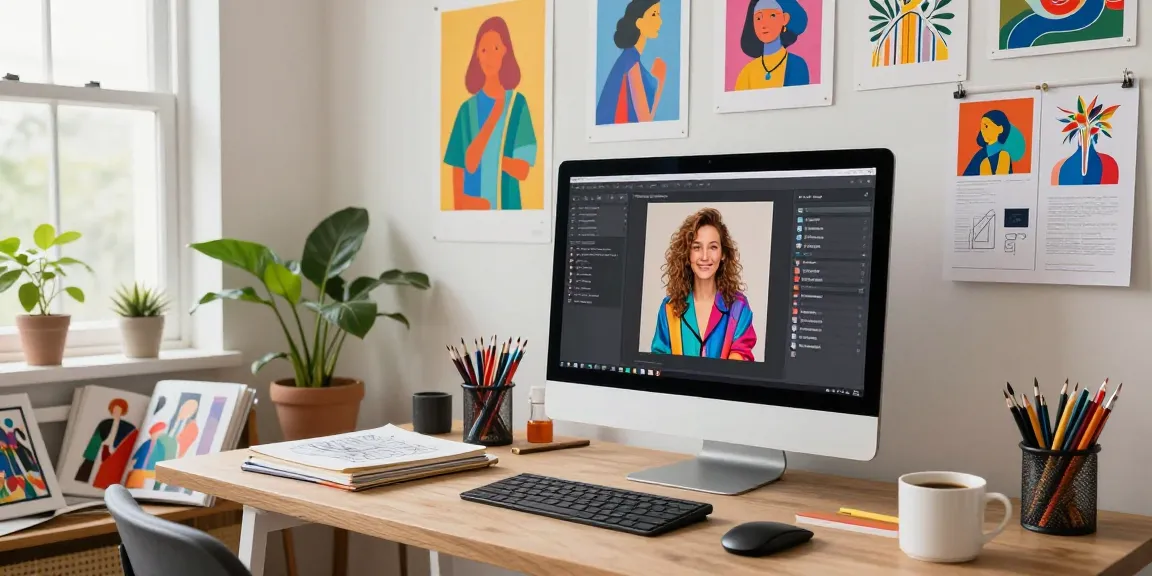 Digital artist using an image to prompt generator tool in a bright studio