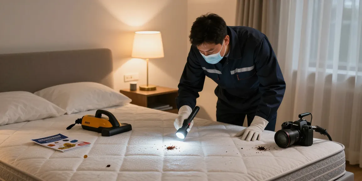 Bed bug pest control in action, technician examining mattress for signs of infestation.