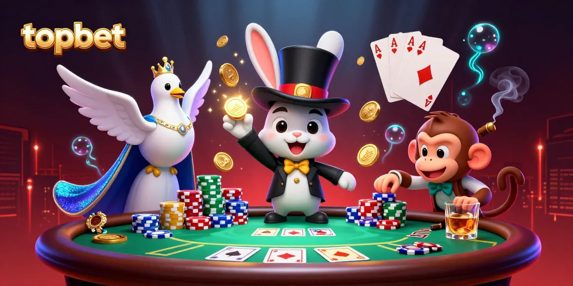 Engage in casino magic with topbet as a rabbit conjures coins amidst vibrant poker action.