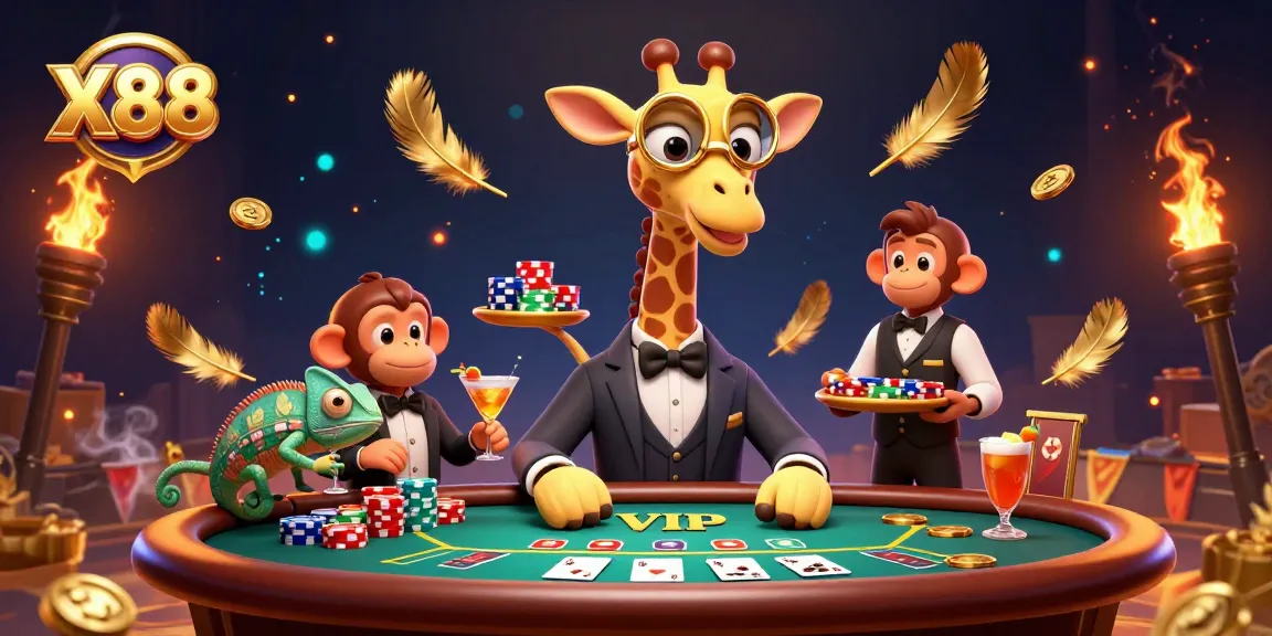 X88 offers a thrilling poker experience with rich visuals featuring a high-roller giraffe, monkey valet, and chameleon bartender.