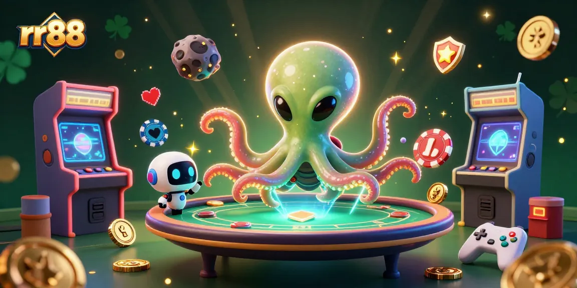 Engage in exhilarating gameplay at rr88 with a colorful alien-themed casino scene showcasing poker action.