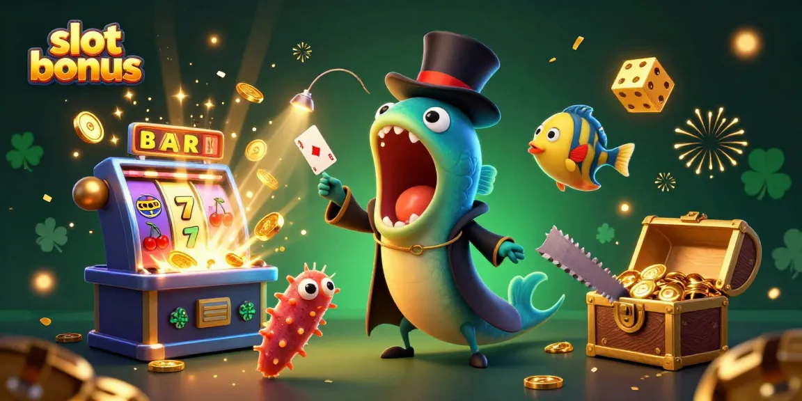Slot bonus memukau dalam dunia kasino, belut gulper melakukan trik sambil dikelilingi mesin slot yang meledak dengan koin dan simbol.