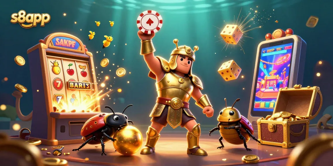 Play and win big with s8app in vibrant casino-themed action illustration featuring dynamic characters and exciting elements.
