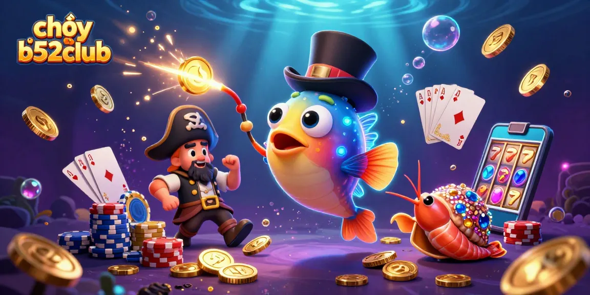 Engage in chơi b52club with vibrant underwater characters and dynamic casino elements around them.