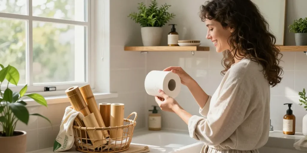 Eco-friendly bathroom featuring bamboo toilet roll and green decor in a sunlit setting.