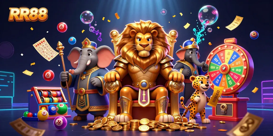 Experience excitement at RR88 with a dynamic illustration of casino games, characters, and vibrant elements.